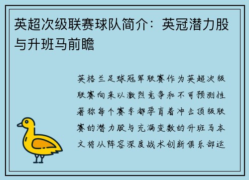 英超次级联赛球队简介：英冠潜力股与升班马前瞻