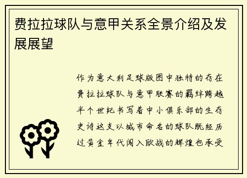 费拉拉球队与意甲关系全景介绍及发展展望