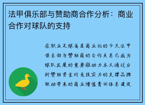 法甲俱乐部与赞助商合作分析：商业合作对球队的支持