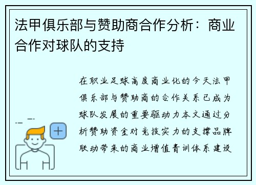 法甲俱乐部与赞助商合作分析：商业合作对球队的支持